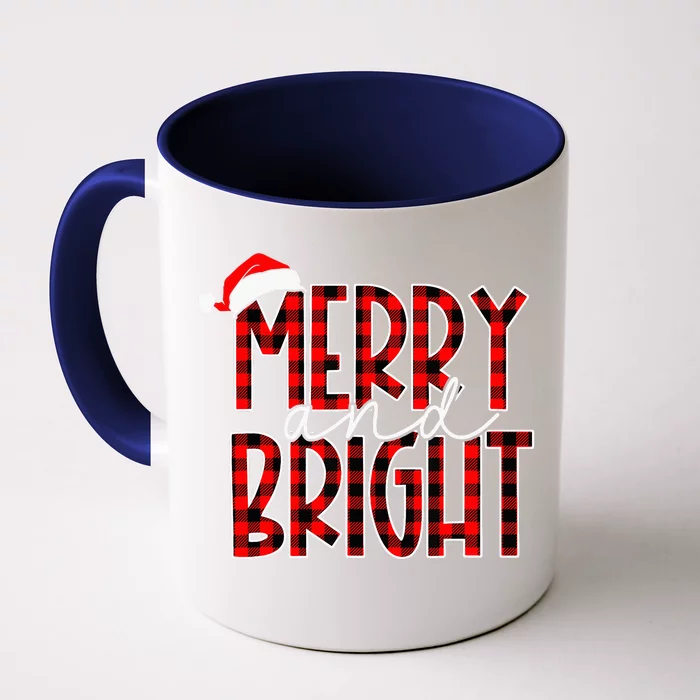 Merry and Bright Buffalo Plaid Red Santa Hat Christmas Xmas Front & Back Coffee Mug