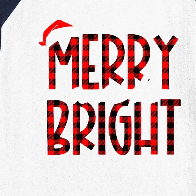 Merry and Bright Buffalo Plaid Red Santa Hat Christmas Xmas Baseball Sleeve Shirt