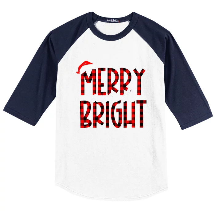 Merry and Bright Buffalo Plaid Red Santa Hat Christmas Xmas Baseball Sleeve Shirt