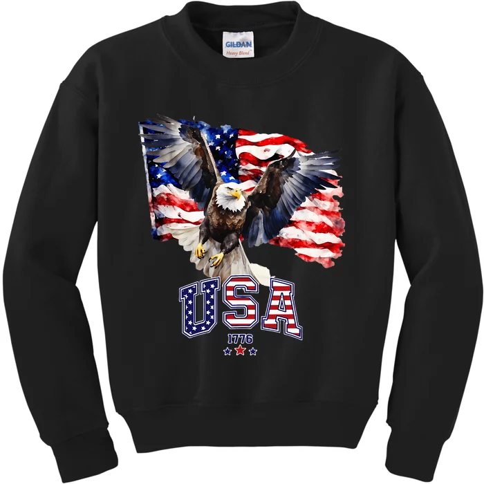 Majestic American Bald Eagle With Usa Flag Kids Sweatshirt