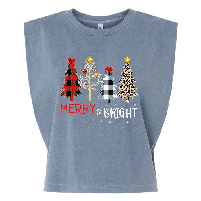 Merry And Bright Women Funny Leopard Plaid Christmas Trees Garment-Dyed Women's Muscle Tee