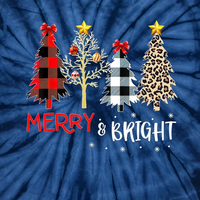 Merry And Bright Women Funny Leopard Plaid Christmas Trees Tie-Dye T-Shirt