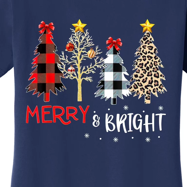 Merry And Bright Women Funny Leopard Plaid Christmas Trees Women's T-Shirt