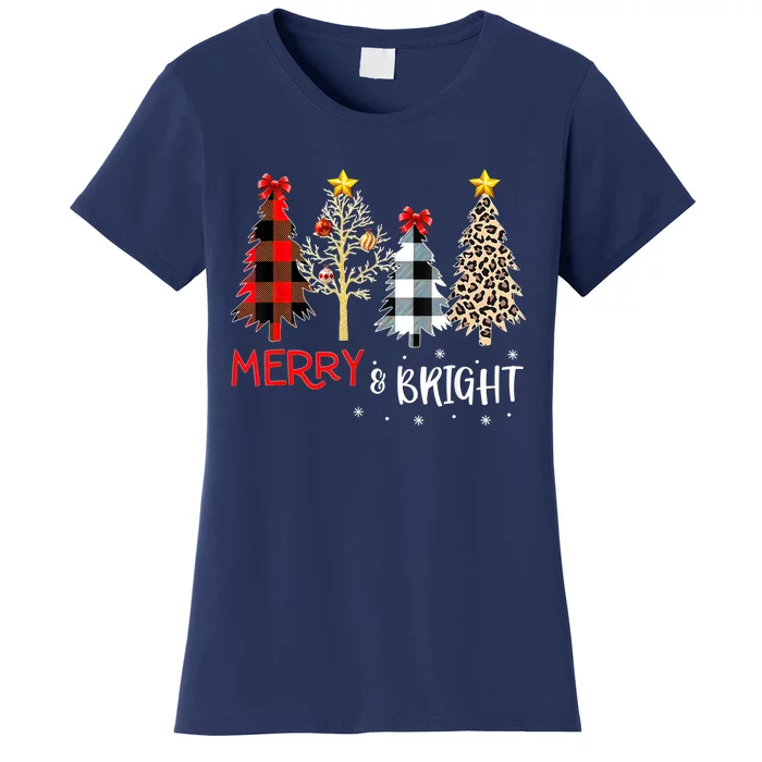 Merry And Bright Women Funny Leopard Plaid Christmas Trees Women's T-Shirt