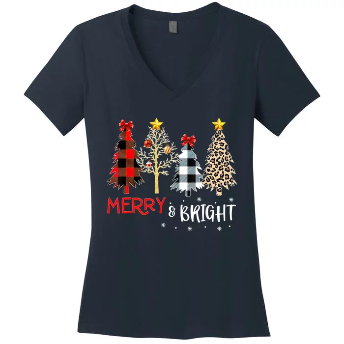 Merry And Bright Women Funny Leopard Plaid Christmas Trees Women's V-Neck T-Shirt