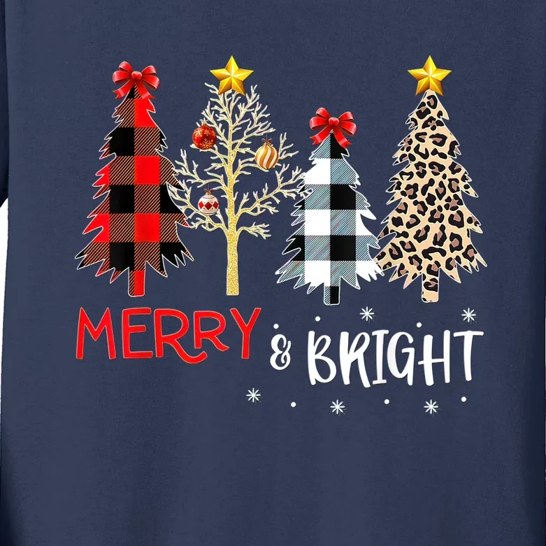 Merry And Bright Women Funny Leopard Plaid Christmas Trees Kids Long Sleeve Shirt