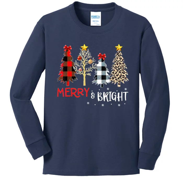 Merry And Bright Women Funny Leopard Plaid Christmas Trees Kids Long Sleeve Shirt