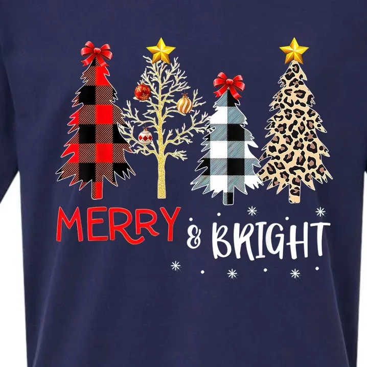 Merry And Bright Women Funny Leopard Plaid Christmas Trees Sueded Cloud Jersey T-Shirt