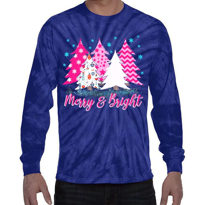 Merry And Bright Pink Christmas Tree, Pink Christmas Tie-Dye Long Sleeve Shirt