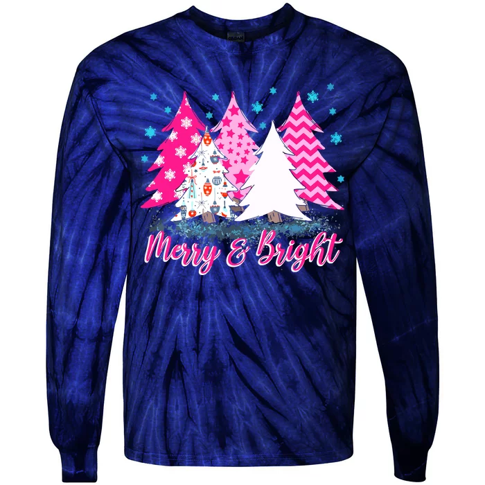 Merry And Bright Pink Christmas Tree, Pink Christmas Tie-Dye Long Sleeve Shirt