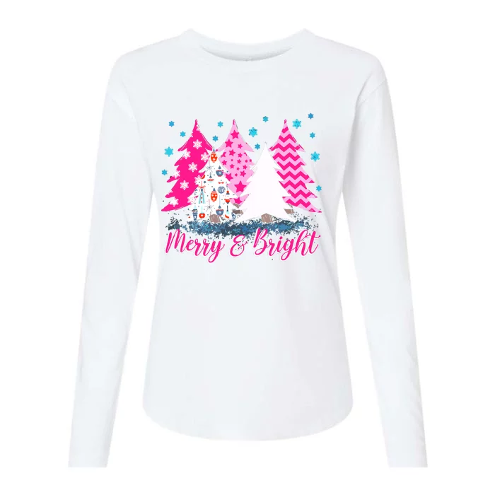 Merry And Bright Pink Christmas Tree, Pink Christmas Womens Cotton Relaxed Long Sleeve T-Shirt