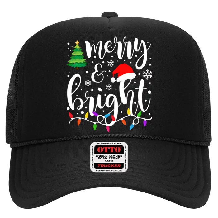 Merry And Bright Christmas Lights Funny Family Christmas High Crown Mesh Trucker Hat