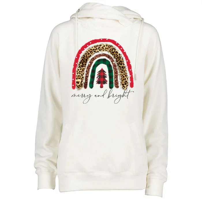 Merry And Bright Christmas Rainbow Festive Womens Funnel Neck Pullover Hood