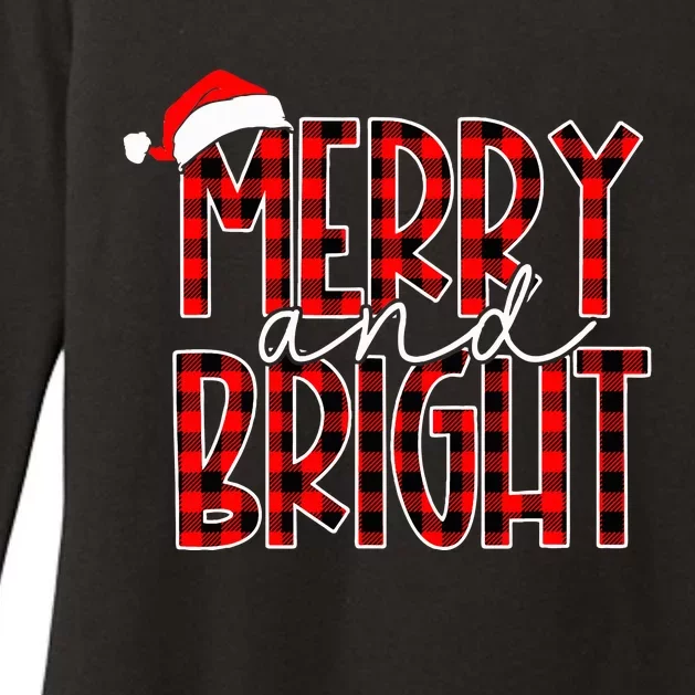 Merry and Bright Buffalo Plaid Red Santa Hat Christmas Xmas Womens CVC Long Sleeve Shirt