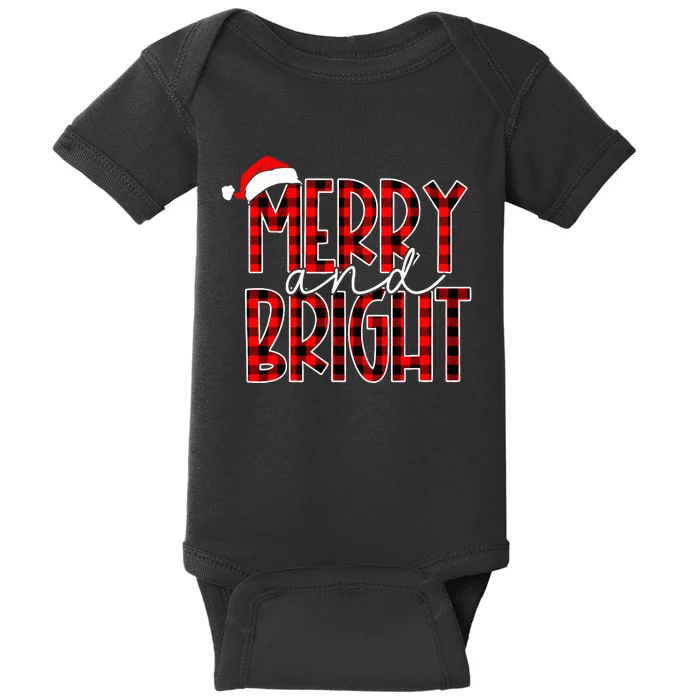 Merry and Bright Buffalo Plaid Red Santa Hat Christmas Xmas Baby Bodysuit