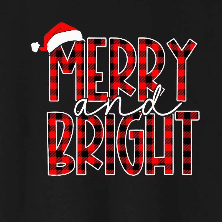 Merry and Bright Buffalo Plaid Red Santa Hat Christmas Xmas Women's Crop Top Tee