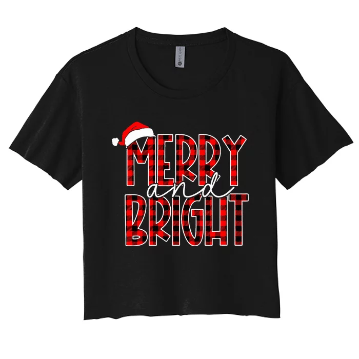 Merry and Bright Buffalo Plaid Red Santa Hat Christmas Xmas Women's Crop Top Tee