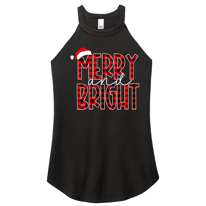 Merry and Bright Buffalo Plaid Red Santa Hat Christmas Xmas Women’s Perfect Tri Rocker Tank