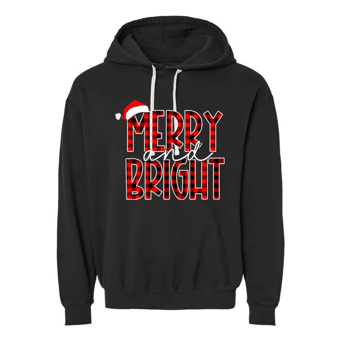 Merry And Bright Buffalo Plaid Red Santa Hat Christmas Xmas Garment-Dyed Fleece Hoodie