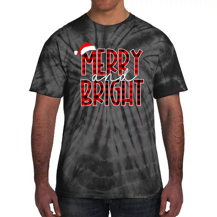 Merry And Bright Buffalo Plaid Red Santa Hat Christmas Xmas Tie-Dye T-Shirt