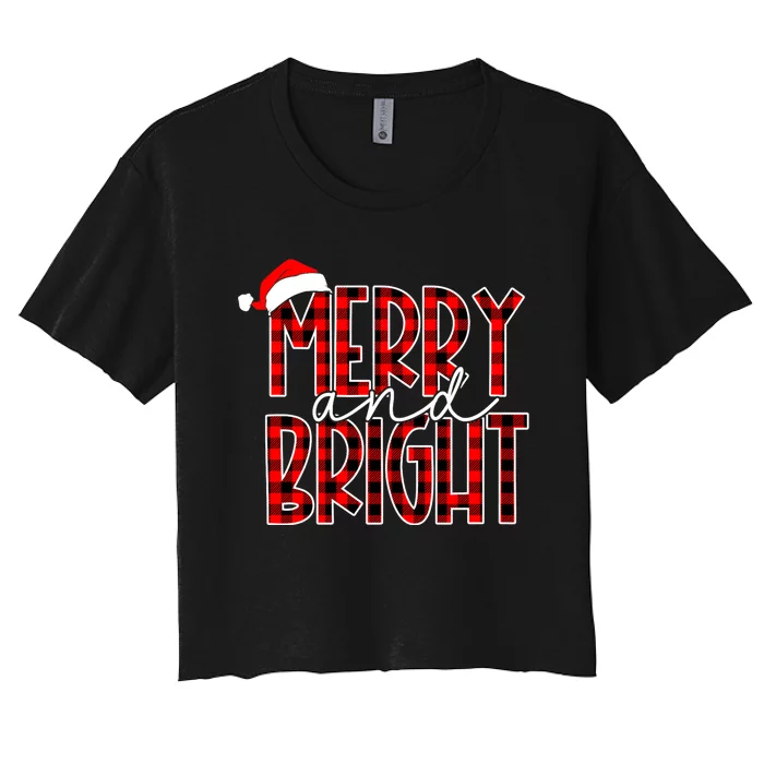 Merry And Bright Buffalo Plaid Red Santa Hat Christmas Xmas Women's Crop Top Tee