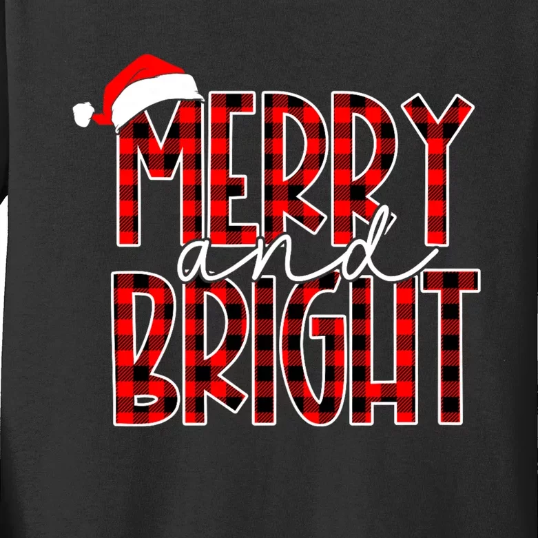 Merry And Bright Buffalo Plaid Red Santa Hat Christmas Xmas Kids Long Sleeve Shirt