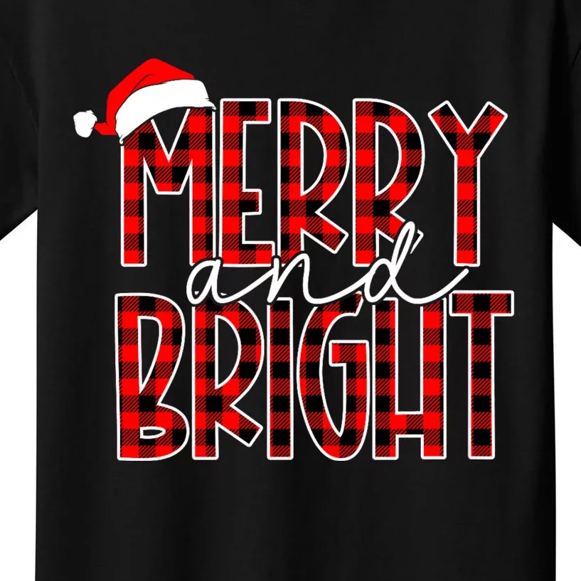 Merry And Bright Buffalo Plaid Red Santa Hat Christmas Xmas Kids T-Shirt