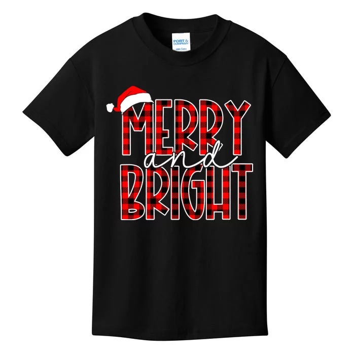 Merry And Bright Buffalo Plaid Red Santa Hat Christmas Xmas Kids T-Shirt