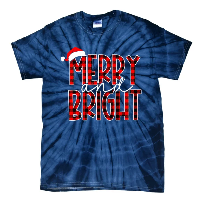 Merry And Bright Buffalo Plaid Red Santa Hat Christmas Xmas Tie-Dye T-Shirt