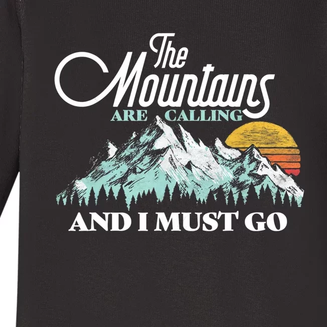 Mountains Are Calling & I Must Go Retro 80s Vibe Graphic TShirt Baby Long Sleeve Bodysuit