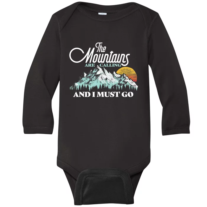 Mountains Are Calling & I Must Go Retro 80s Vibe Graphic TShirt Baby Long Sleeve Bodysuit