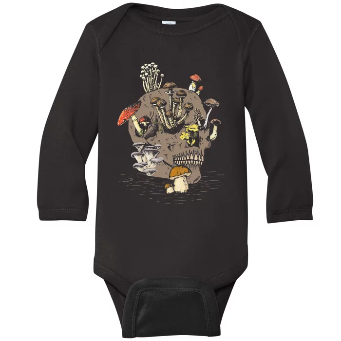 Mushroom Art Clothing Mushroom Collector Skull Graphic Baby Long Sleeve Bodysuit