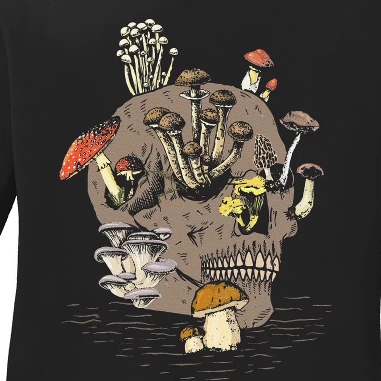 Mushroom Art Clothing Mushroom Collector Skull Graphic Ladies Long Sleeve Shirt