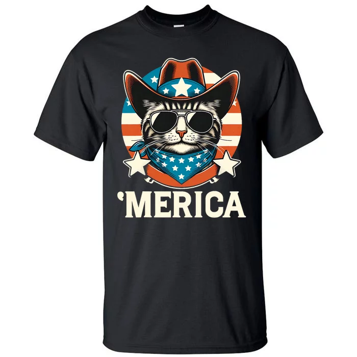 Merica American Cat Sunglasses Patriotic 4th Of July Tall T-Shirt