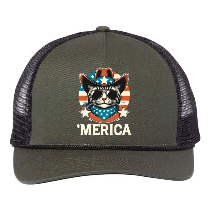 Merica American Cat Sunglasses Patriotic 4th Of July Retro Rope Trucker Hat Cap