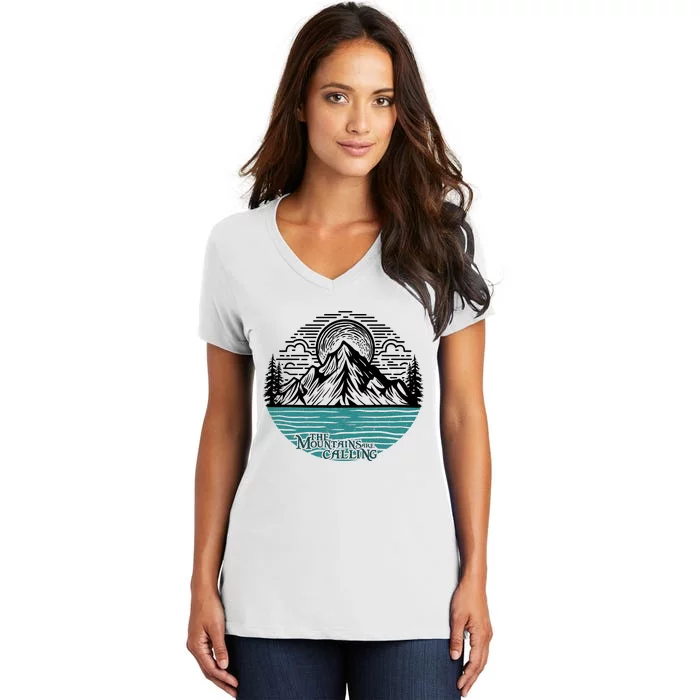 Mountains Are Calling Outdoor Adventure Graphic Women's V-Neck T-Shirt