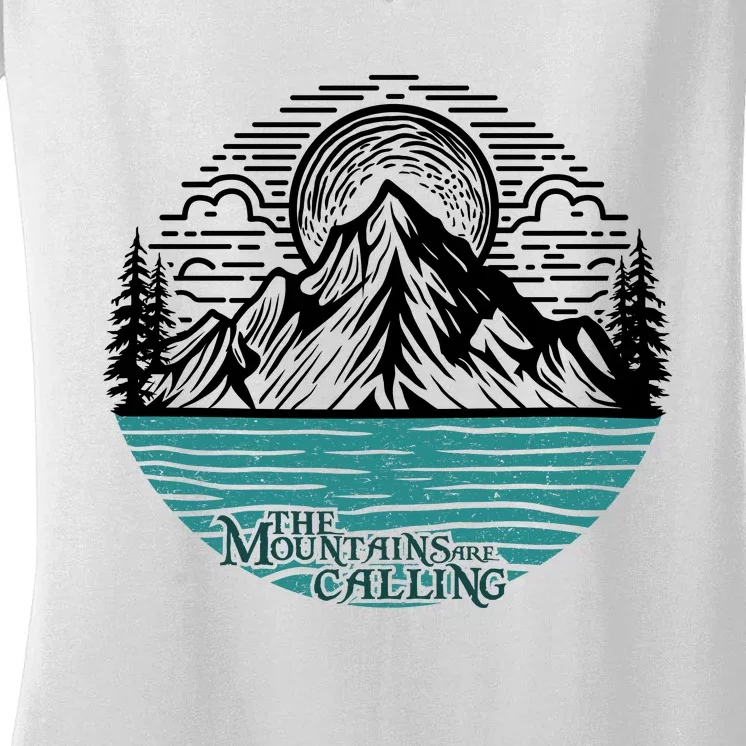 Mountains Are Calling Outdoor Adventure Graphic Women's V-Neck T-Shirt