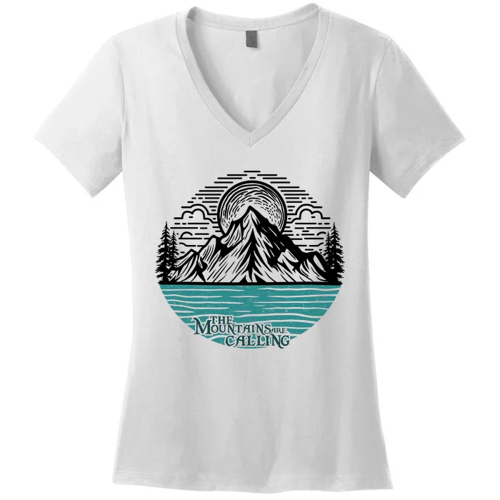 Mountains Are Calling Outdoor Adventure Graphic Women's V-Neck T-Shirt