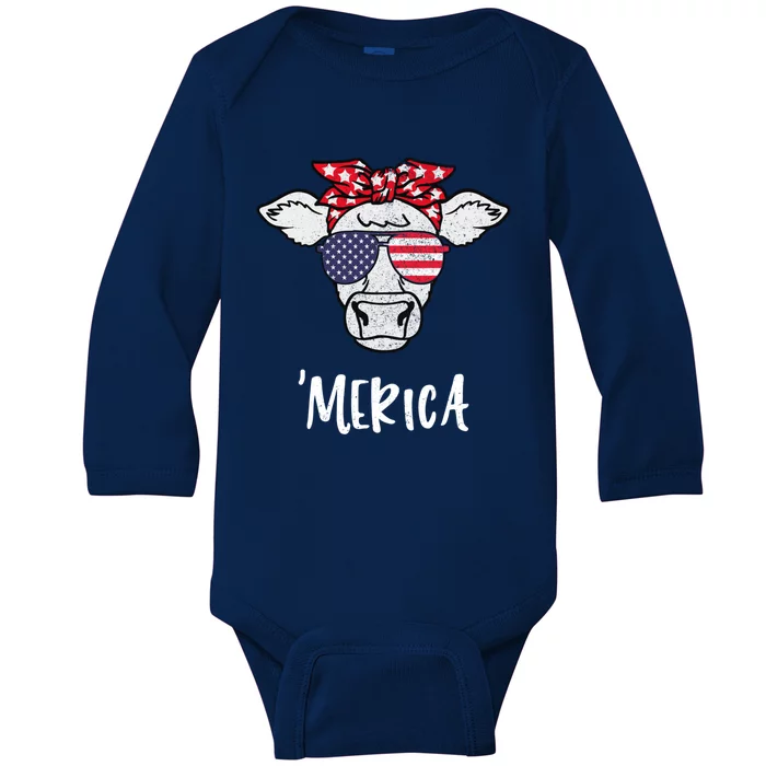 Merica American Cow American Flag Retro Vintage Patriotic Gift Baby Long Sleeve Bodysuit