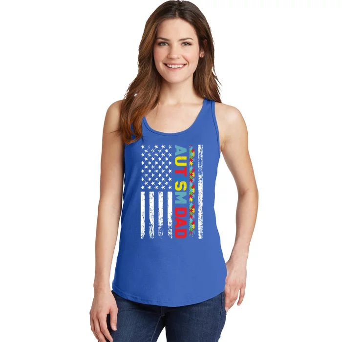 Men Autism Dad Great Gift Fathers Day Dad Autism American Flag Gift Ladies Essential Tank