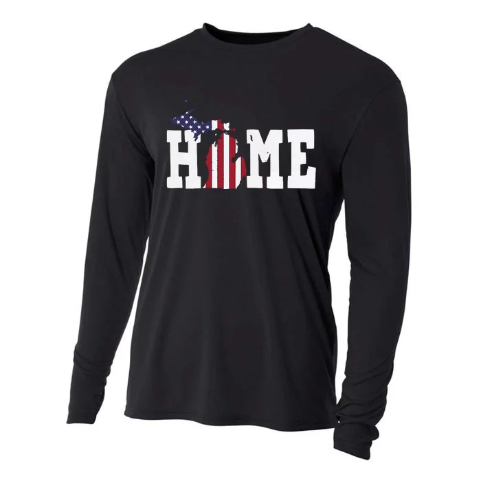 Michigan American Flag Home State Shape Distressed Look Cooling Performance Long Sleeve Crew