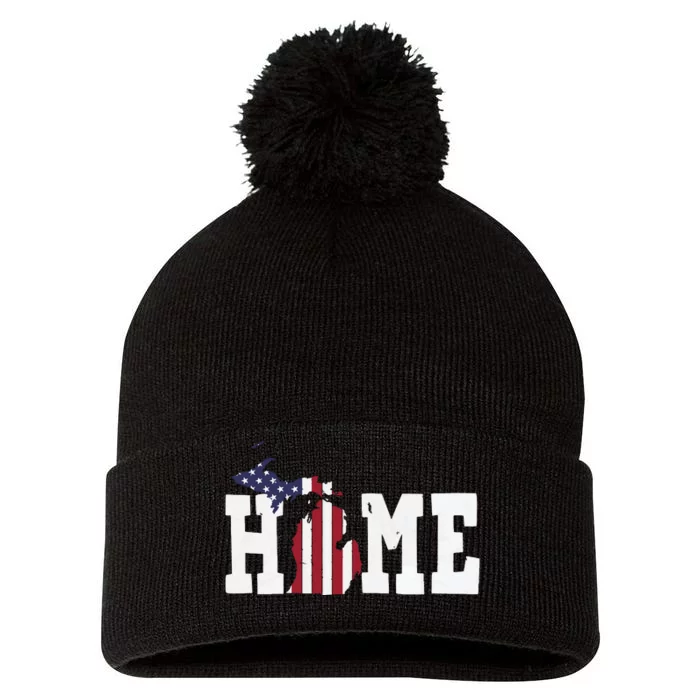 Michigan American Flag Home State Shape Distressed Look Pom Pom 12in Knit Beanie