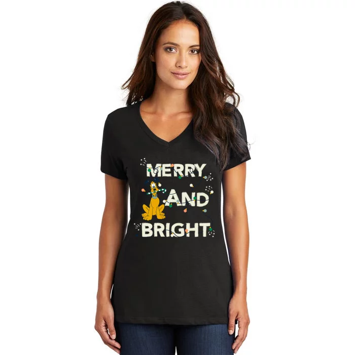 Mickey And Friends Christmas Pluto Merry And Bright Long Sleeve Women's V-Neck T-Shirt