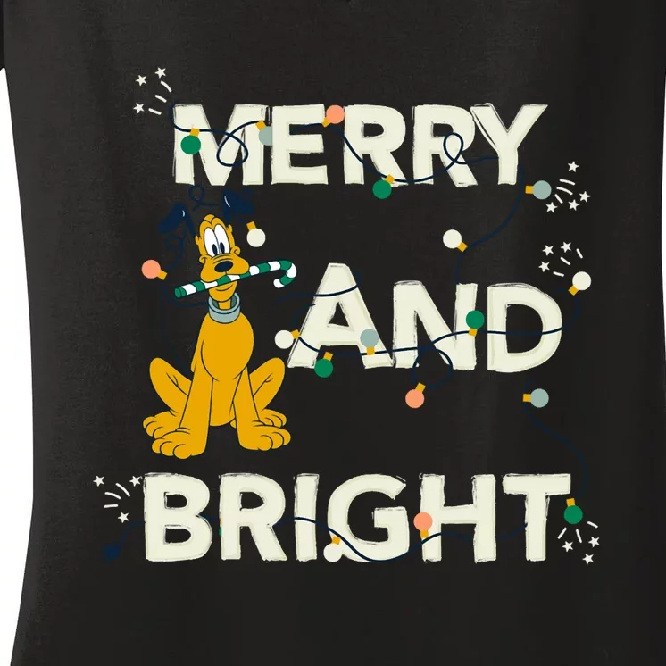 Mickey And Friends Christmas Pluto Merry And Bright Long Sleeve Women's V-Neck T-Shirt