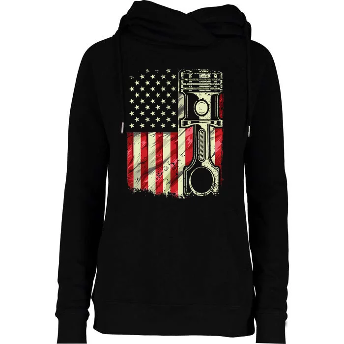 Mechanic American Flag Piston Muscle Car Patriotic Vintage Womens Funnel Neck Pullover Hood