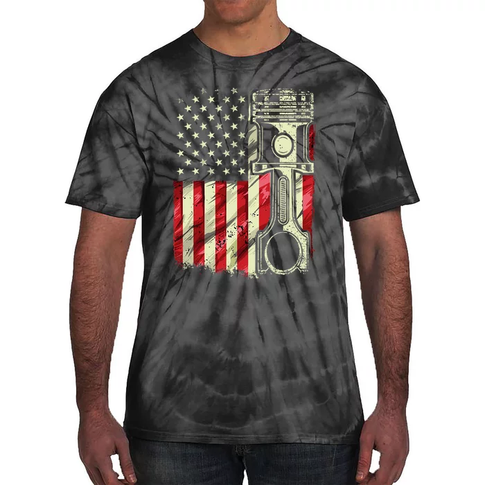 Mechanic American Flag Piston Muscle Car Patriotic Vintage Tie-Dye T-Shirt