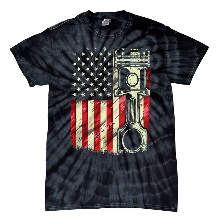 Mechanic American Flag Piston Muscle Car Patriotic Vintage Tie-Dye T-Shirt