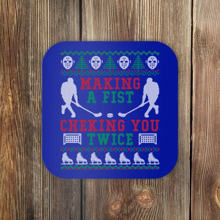 Making A Fist Checking You Twice Hockey Sport Ugly Christmas Cool Gift Coaster