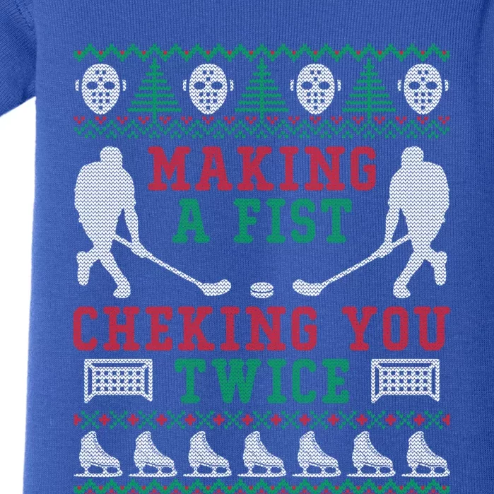 Making A Fist Checking You Twice Hockey Sport Ugly Christmas Cool Gift Baby Bodysuit