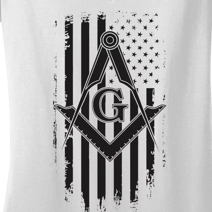 Masonic American Flag Square And Compass Freemason Women's V-Neck T-Shirt